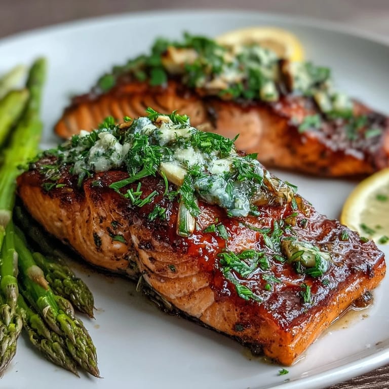 Aromatic herb-crusted salmon served alongside crisp asparagus, finished with a sprinkle of lemon zest and chives.