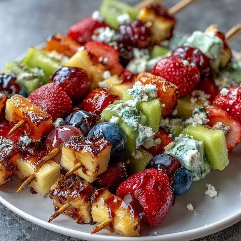 Colorful St. Patricks Day fruit skewers arranged in rainbow order, paired with a creamy honey-lime yogurt dip for dipping.
