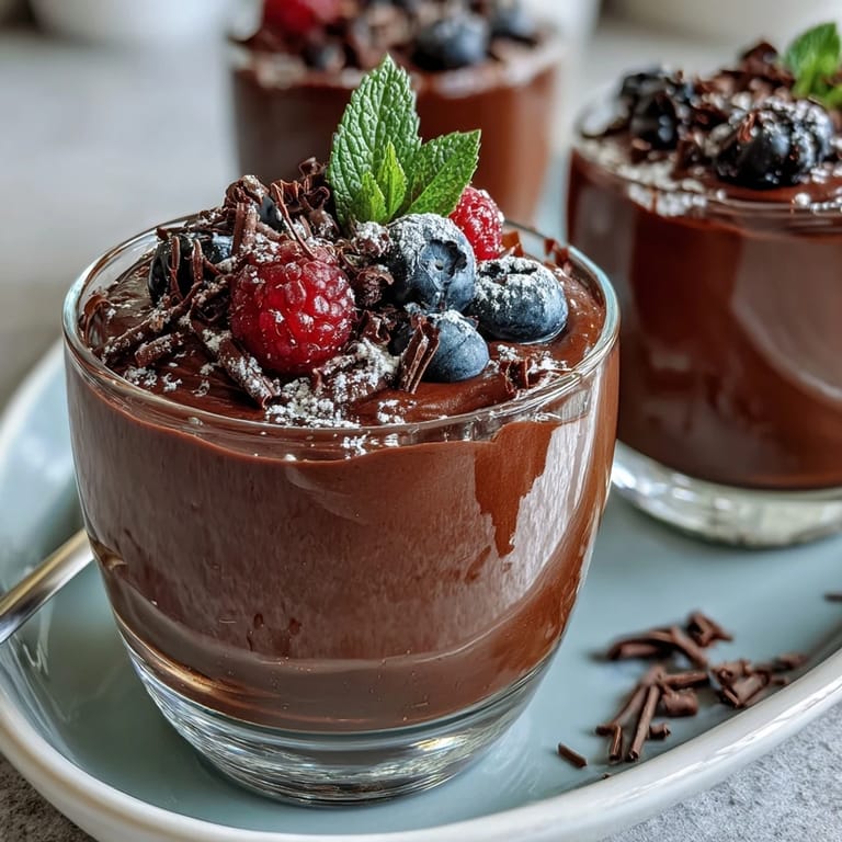 Velvety chocolate mousse in a cup, swirled with cottage cheese and crowned with fresh berries and mint for a refreshing finish.