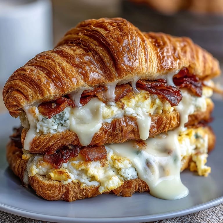 Flaky, golden croissants stuffed with creamy scrambled eggs and melted cheese, ideal for a satisfying brunch or grab-and-go meal.