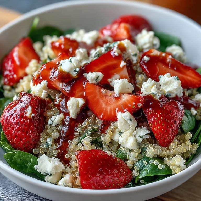 Fresh strawberries and creamy feta cheese combine with nutty quinoa in a vibrant, healthy salad, perfect for lunch or a light dinner.