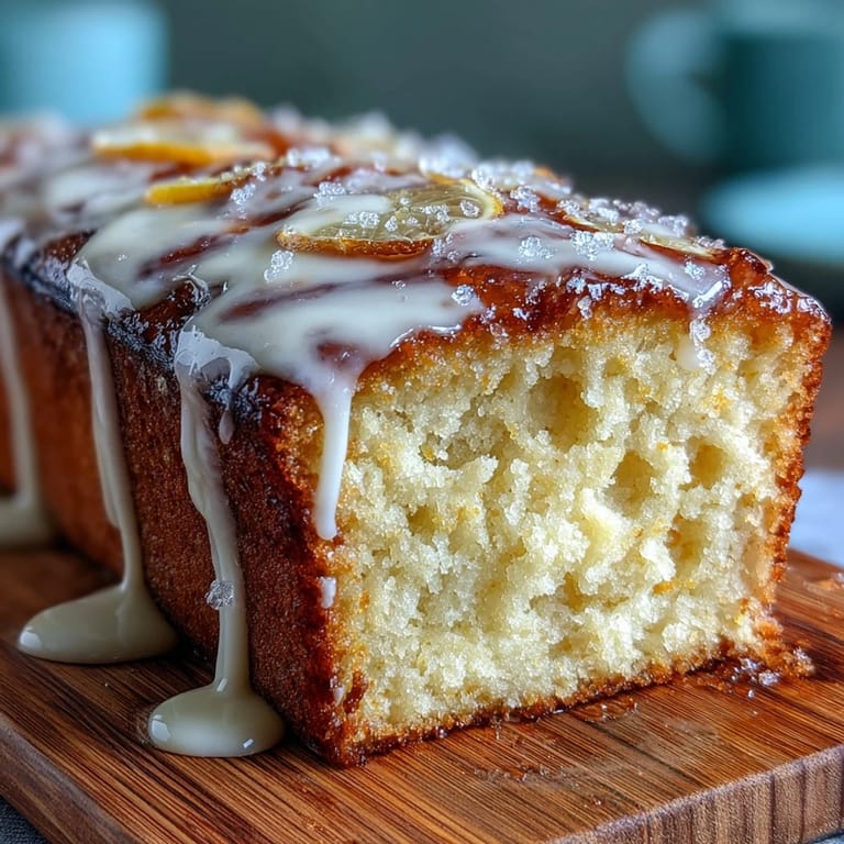 Moist lemon drizzle loaf cake topped with tangy citrus glaze.