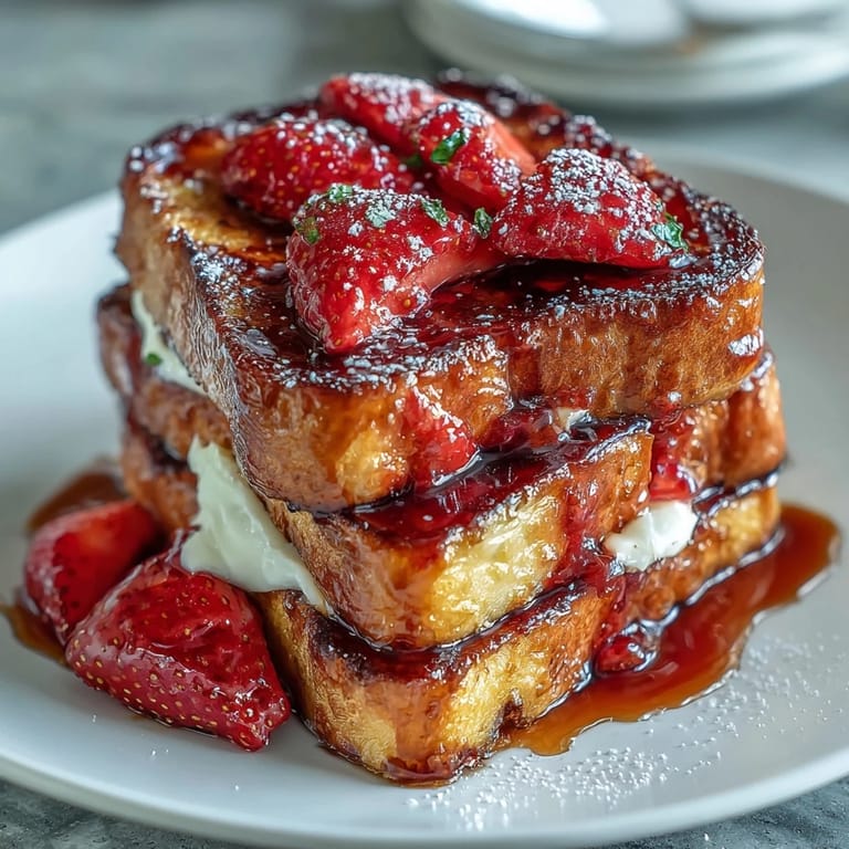 Baked French toast casserole topped with fresh strawberries, cinnamon crumble, and a dusting of powdered sugar.