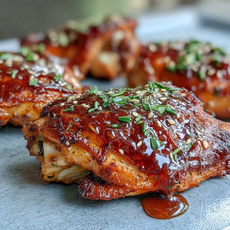 Baked honey garlic chicken thighs glistening with sticky glaze, perfect for a comforting weeknight dinner with family.
