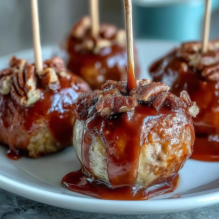 Handheld apple candy bites, perfect for snacking, with shiny red coating and optional nut or sprinkle toppings.