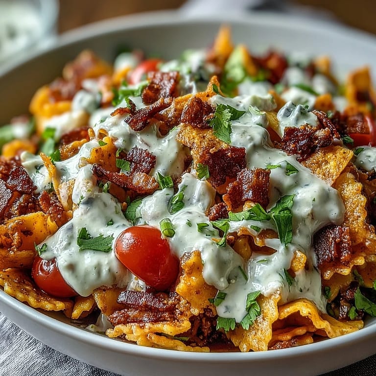 Colorful taco pasta salad loaded with black beans, corn, and Doritos, drizzled with homemade avocado ranch dressing.