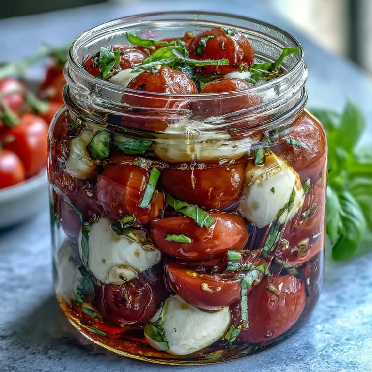 Classic Caprese salad ingredients beautifully layered in mason jars for a colorful, portable meal.