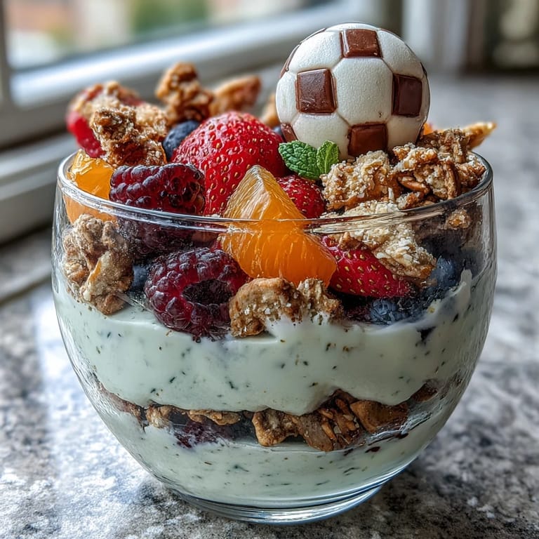 Colorful fruit and granola cups with blueberries and strawberries, served in clear cups for a fun, nutritious soccer team treat.