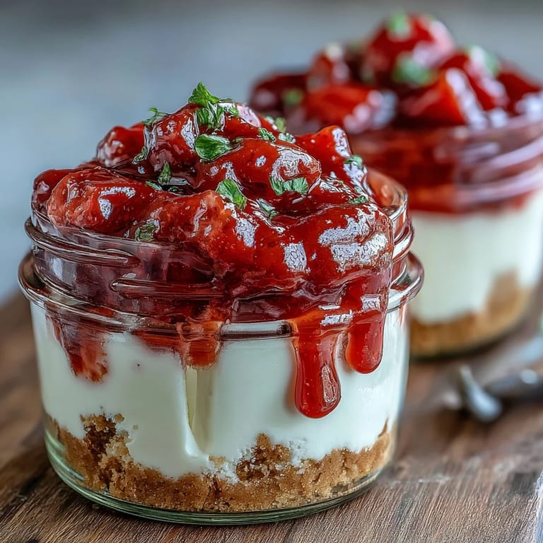 Layered No-Bake Strawberry Cheesecake Jars featuring a buttery graham base and vibrant berry topping.