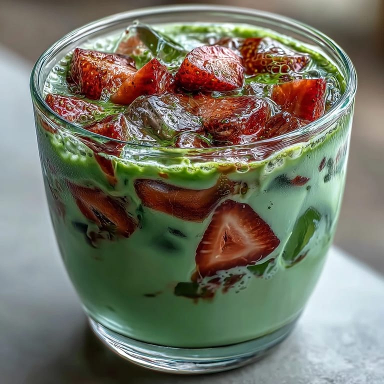 Refreshing Strawberry Matcha Latte with Oat Milk: a colorful, energizing beverage blending sweet strawberries, green tea matcha, and smooth oat milk.