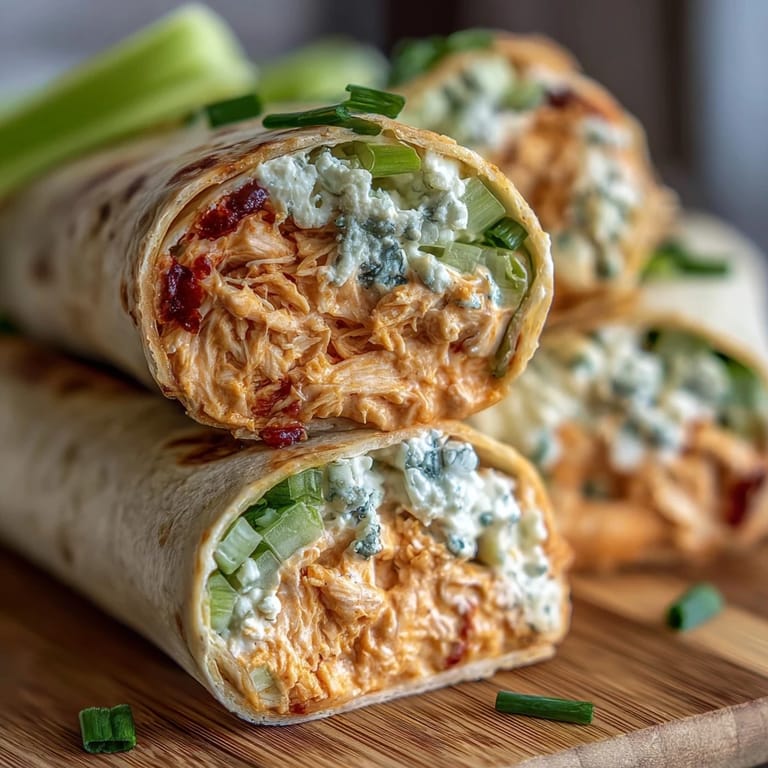 Spicy Buffalo chicken cream cheese spread rolled in tortillas, chilled, and cut into perfect party pinwheels.  