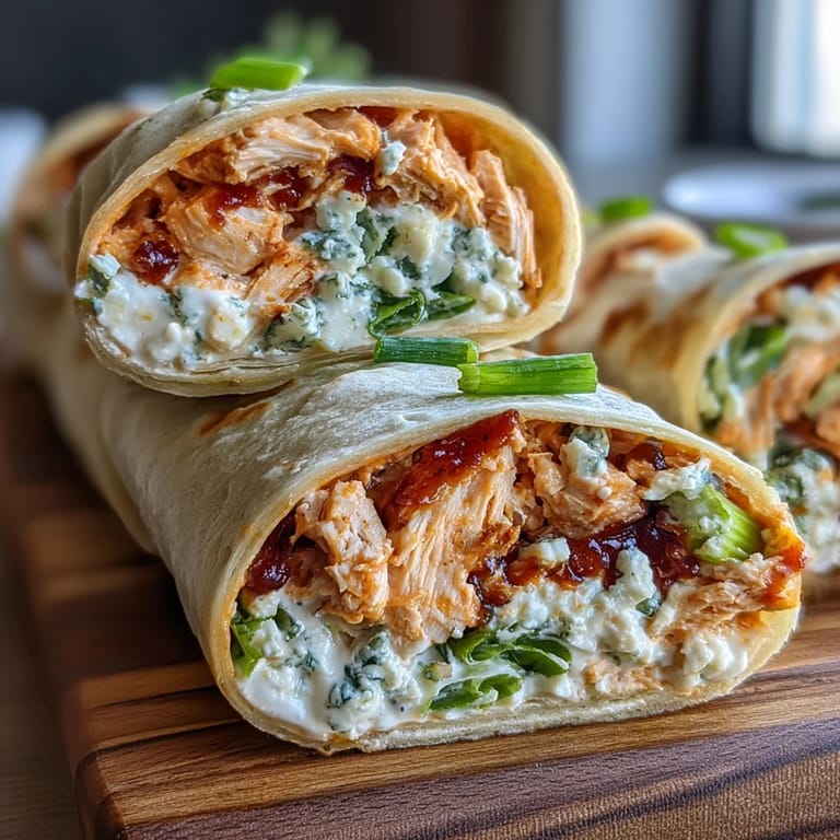 Zesty Buffalo chicken and cheddar cheese pinwheels, a creamy appetizer ideal for game day or gatherings.