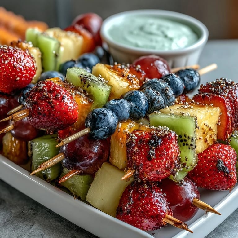 Rainbow Fruit Skewers with Honey Dip: A vibrant assortment of fresh fruit threaded onto skewers, paired with a luscious honey and Greek yogurt dipping sauce.