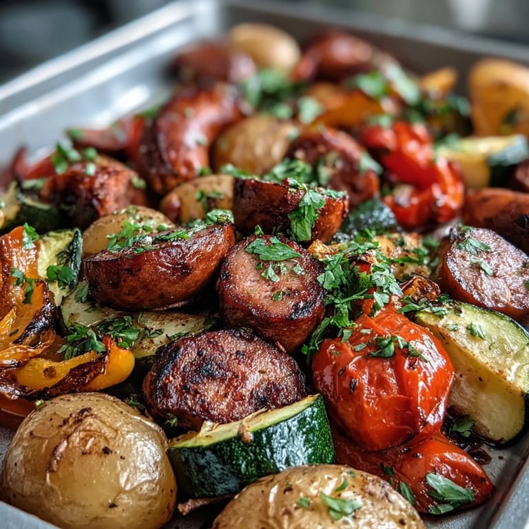 Sheet pan of smoky roasted sausage, peppers, zucchini, and onions next to warm garlic naan bread.
