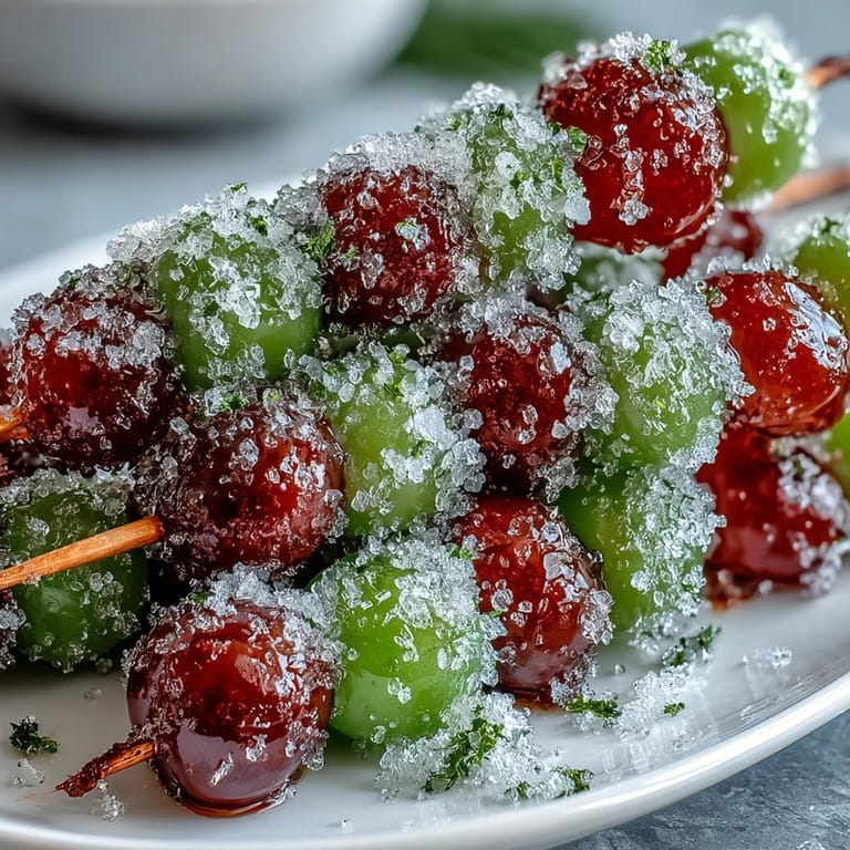 Colorful frozen grape skewers drizzled in lime sugar, offering a bright, sweet-tart snack perfect for hot days and parties.  