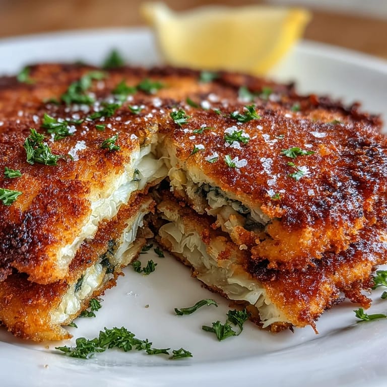 Sliced cabbage rounds breaded and fried until golden, creating a satisfying meat-free schnitzel ideal for family dinners or special occasions.