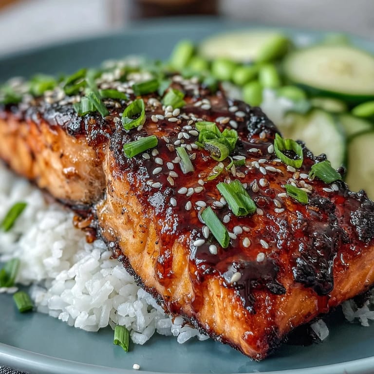 Homemade teriyaki salmon served over steamed jasmine rice, topped with edamame and fresh cucumber for a vibrant dinner.