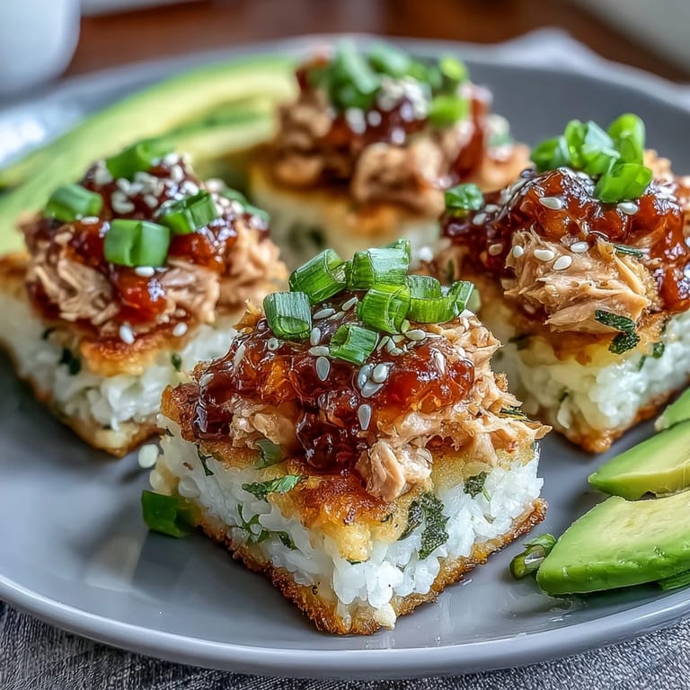 Spicy tuna crispy rice appetizers with golden-fried sushi rice and a creamy, Sriracha-infused tuna topping—perfect for entertaining or snacking.