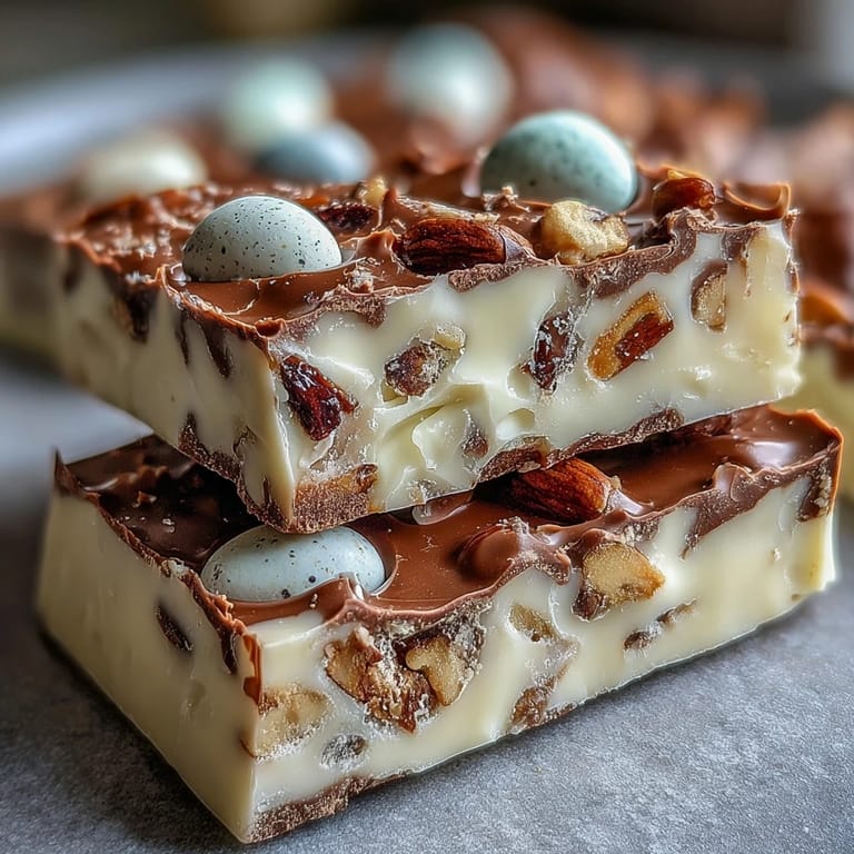 Festive white chocolate bark studded with colorful Easter eggs and chopped pistachios, perfect for spring celebrations.  