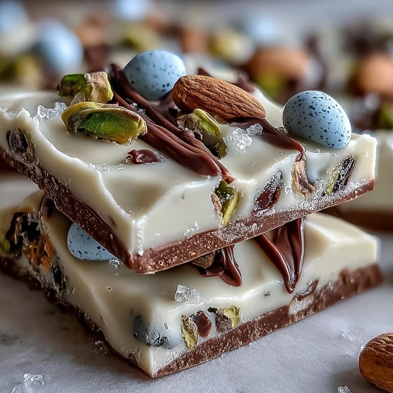 Colorful Easter bark made with creamy white chocolate, pastel candy eggs, and crunchy pistachios for a festive dessert.