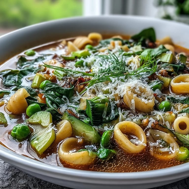 Hearty Spring Minestrone filled with seasonal vegetables, small pasta, and fresh parsley, perfect for a light meal.