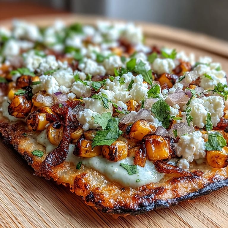 Savory corn flatbread creation, featuring spicy crema and crumbled cheese.