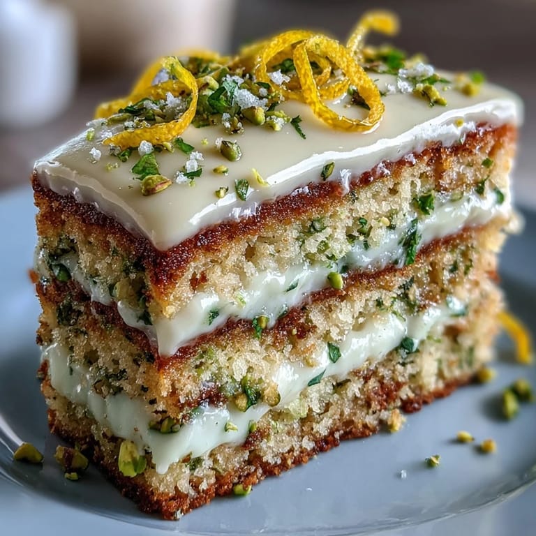 Luscious lemon pistachio cake layers, frosted exuberantly for a festive birthday.