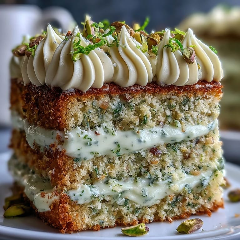 A bright, tall Spring Birthday Lemon Pistachio Layered Cake, ready to slice.