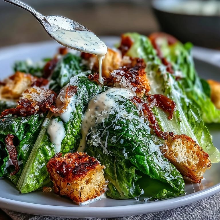 Creamy tahini Caesar salad featuring fresh romaine, Parmesan, and croutons, drizzled with tangy lemon-tahini dressing for a modern twist.