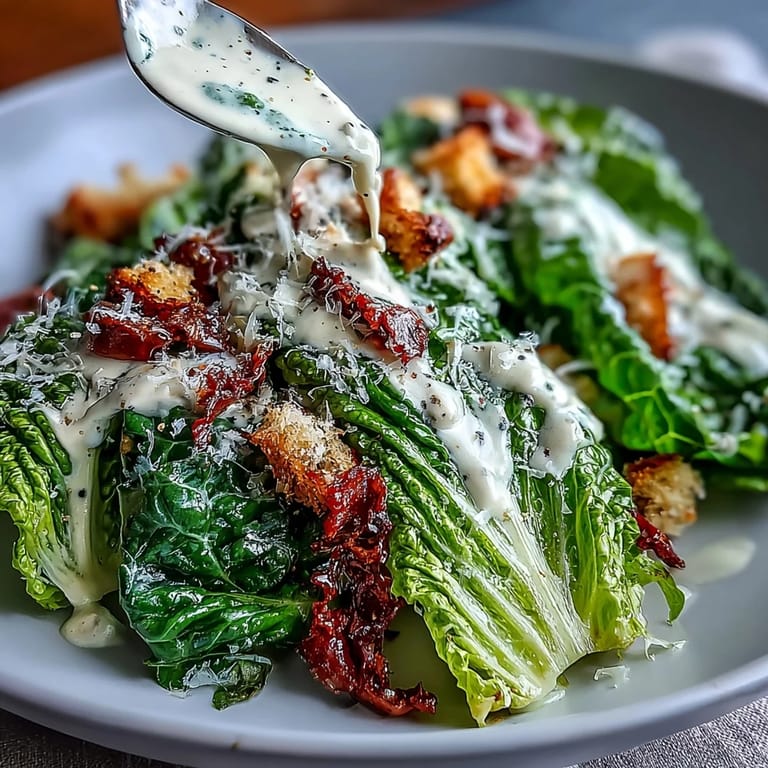 Fresh tahini Caesar salad with crunchy croutons, cherry tomatoes, and a rich, zesty tahini-lemon dressing served in a large bowl.