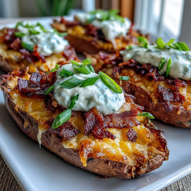 Twice-baked sweet potato skins with savory bacon, sharp cheddar, and fresh green onions, served warm.