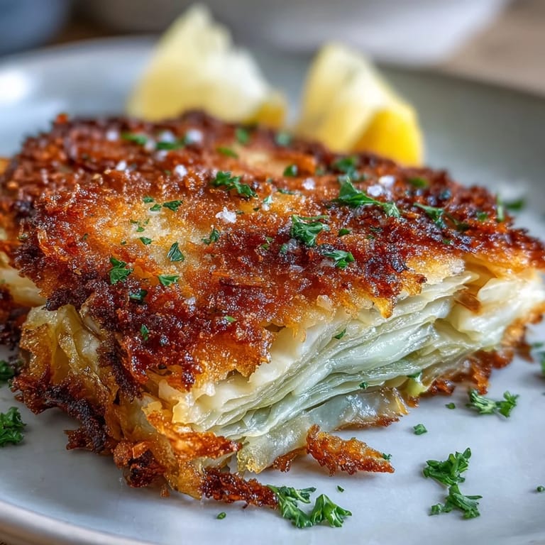 Pan-fried cabbage schnitzel with crunchy panko crust, perfect for a hearty vegetarian main dish alongside a fresh green salad.  