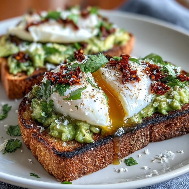 Crunchy chili oil meets smooth smashed avocado on toasted bread, crowned with a runny poached egg for a flavorful brunch favorite.