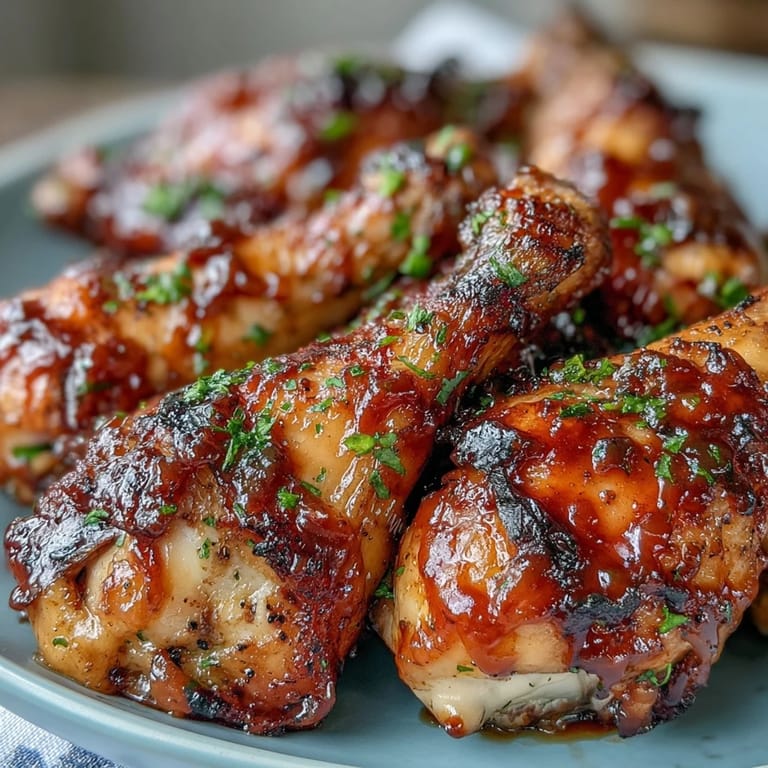 Glistening BBQ chicken drumsticks coated in a sweet, spicy peach glaze.