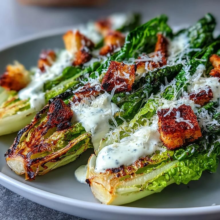 Enjoy a warm Grilled Caesar Salad featuring charred romaine hearts, homemade dressing, and shaved Parmesan.