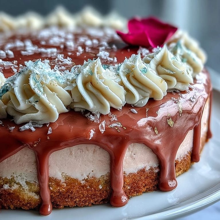 Delicate Rosé Velvet Cake, a beautiful pink confection with artistic gold embellishments.
