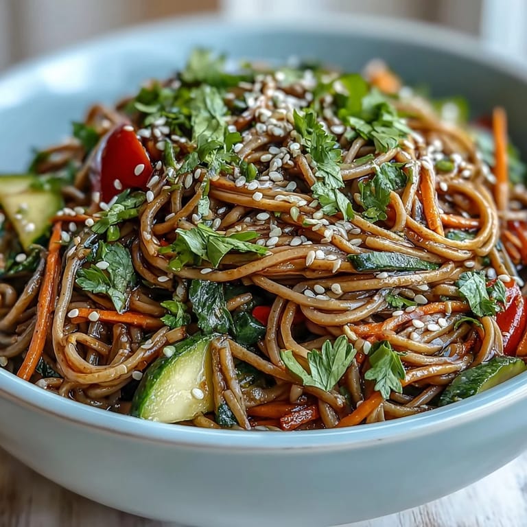 Refreshing cold soba noodle salad, tossed with crunchy vegetables and nutty sesame.