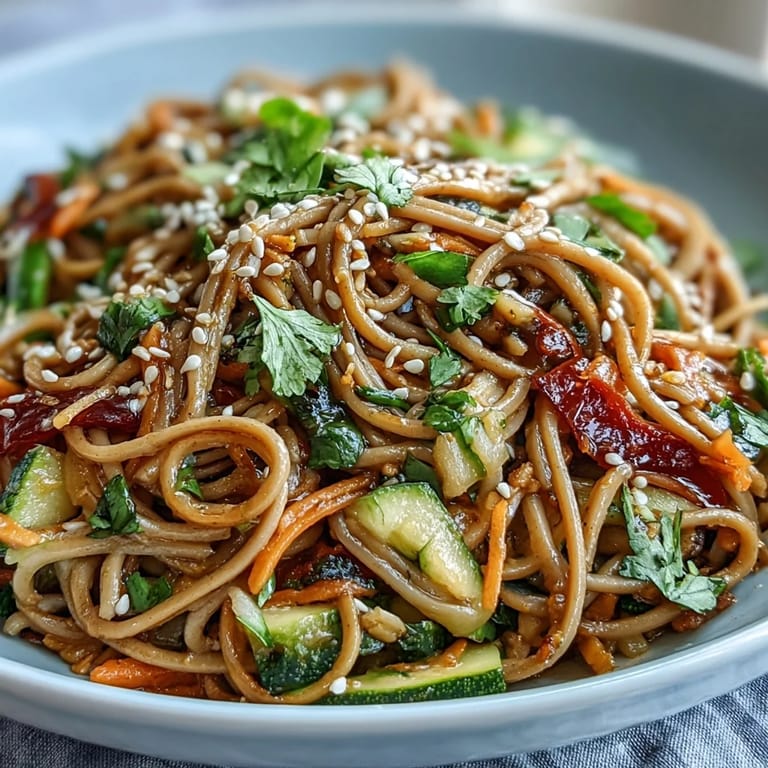 Vibrant soba noodle salad with crisp vegetables, ready for a flavorful chilled meal.
