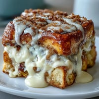 Freshly baked Cream Cheese Swirl Cinnamon Roll French Toast Bake with golden edges and a gooey cheesecake center.