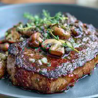 Juicy ribeye steak seared to perfection and topped with a rich wild mushroom and garlic butter crust for bold, savory flavor.