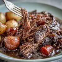 Savory slow cooker pot roast with onion soup mix, tender beef and hearty vegetables in a rich gravy.  