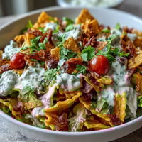 Vibrant taco pasta salad with Doritos and creamy avocado ranch dressing, bursting with colorful veggies and cheesy crunch.