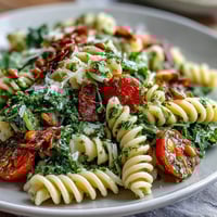 A vibrant summer pasta salad with pesto and cherry tomatoes, garnished with parmesan and lemon zest.  