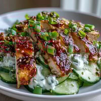 Freshly seared chicken slices glisten over a creamy cucumber salad in a TikTok Chili-Crisp Cucumber Chicken Bowl, garnished with sesame seeds.