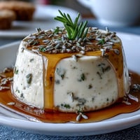 Silky honey lavender panna cotta with delicate floral notes, served in a glass with a drizzle of golden honey.