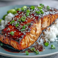 Healthy salmon teriyaki bowl with glazed fish, fluffy rice, and crisp cucumber slices, perfect for a balanced meal.