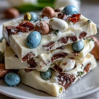 White Chocolate Easter Bark with pastel candy eggs and crunchy pistachios, a festive springtime treat.  