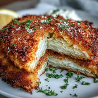 Golden-brown vegetarian cabbage schnitzel with crispy breadcrumb coating served on a white plate with lemon wedges and parsley garnish.  