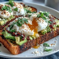 Creamy avocado toast topped with a perfectly poached egg and a drizzle of fragrant chili crisp oil, served on golden sourdough for a satisfying breakfast.