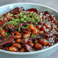 Juneteenth BBQ Baked Beans with Bacon and Molasses, a comforting, caramelized Southern side dish.